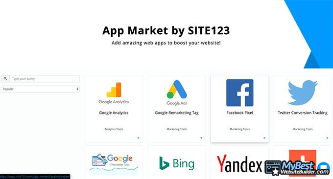 Đánh giá Site123: Cửa hàng ứng dụng.