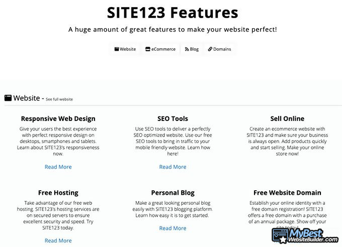 Đánh giá Site123: Hàng loạt tính năng.